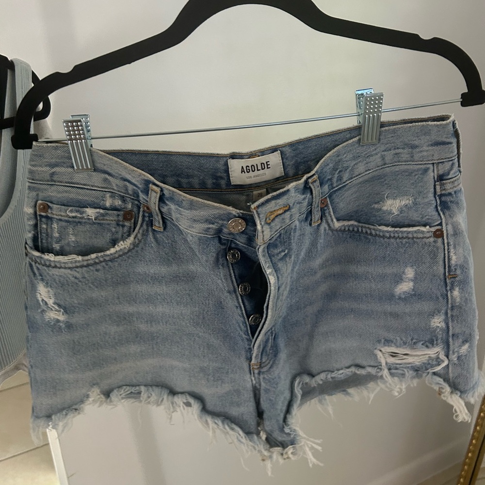 Agolde Light Blue Distressed Jean Shorts